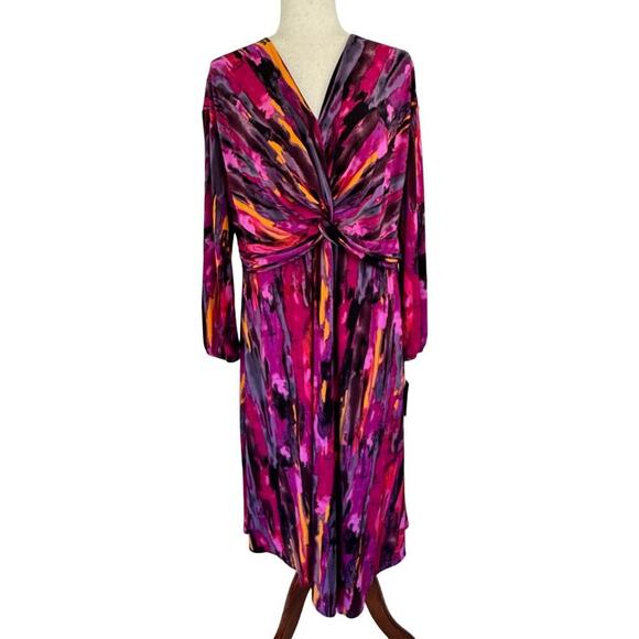 MAGGY LONDON TWIST FRONT ASYMMETRIC HEM MIDI DRESS IN BERRY MULTI NWT SIZE 14W - Picture 3 of 16